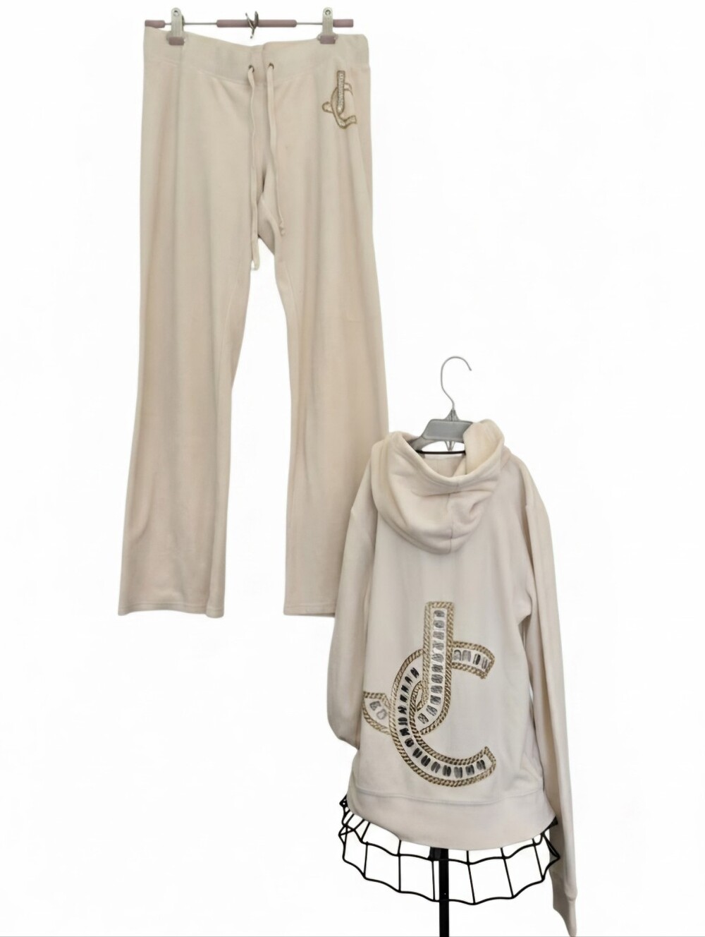 Juicy Couture Velour Rhinestone JC Logo Sweatshirt SZ L Pants SZ M Matching Set